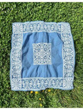 Vintage 1960s Hungarian Blue And White Embroidered Square Tablecloth